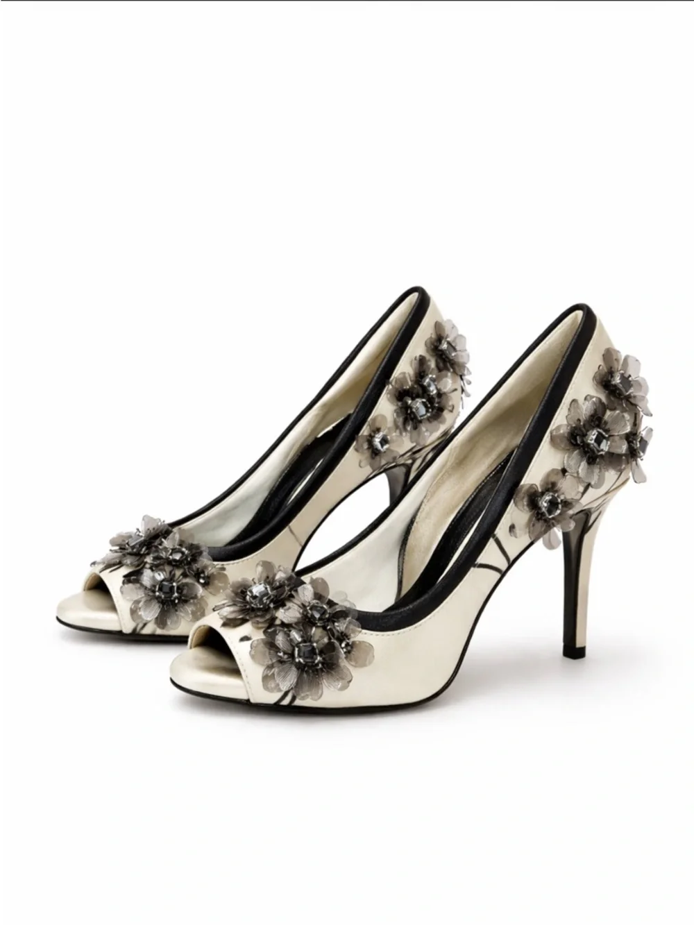 Tory Burch Clancy Black Open Toe Pump satin crystal embellished